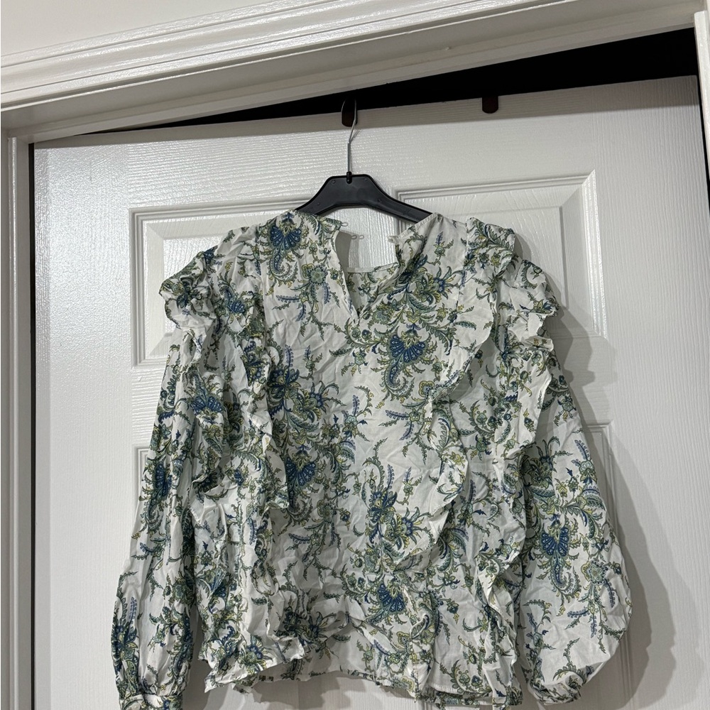 Zara Paisley Ruffle Blouse - White and Green